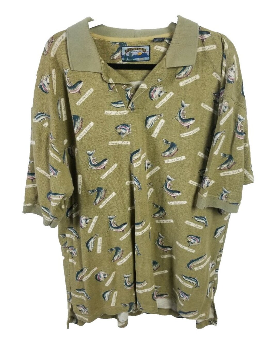 VINTAGE Shaver Lake Shirt Men XL Fishing Polo Beige Camp Short Sleeve Fish AOP
